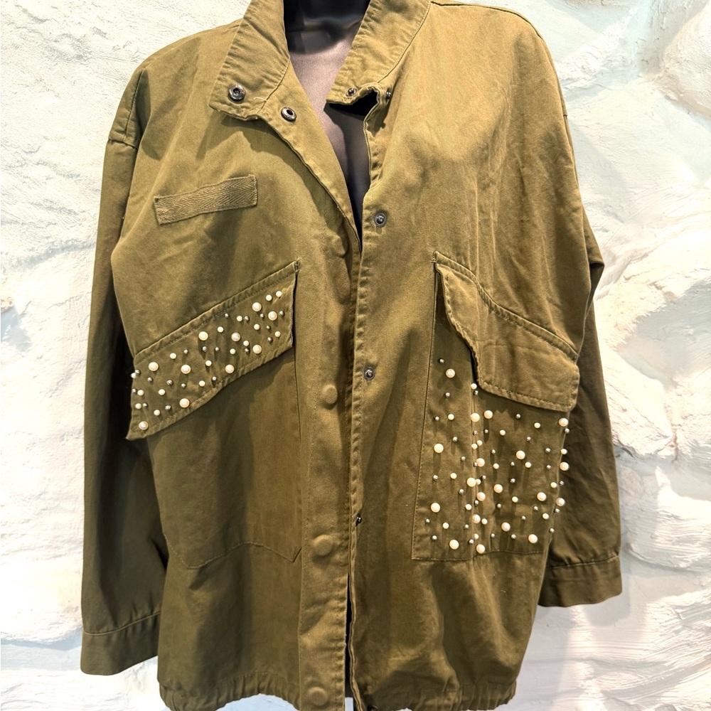 Ashley by 26 International Olive Green Women's Jacket with Pearl Detailing Sz Lg